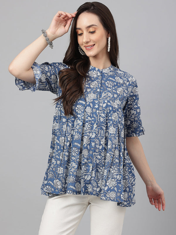 Women's Floral Print Blue Cotton Tops - Janasya