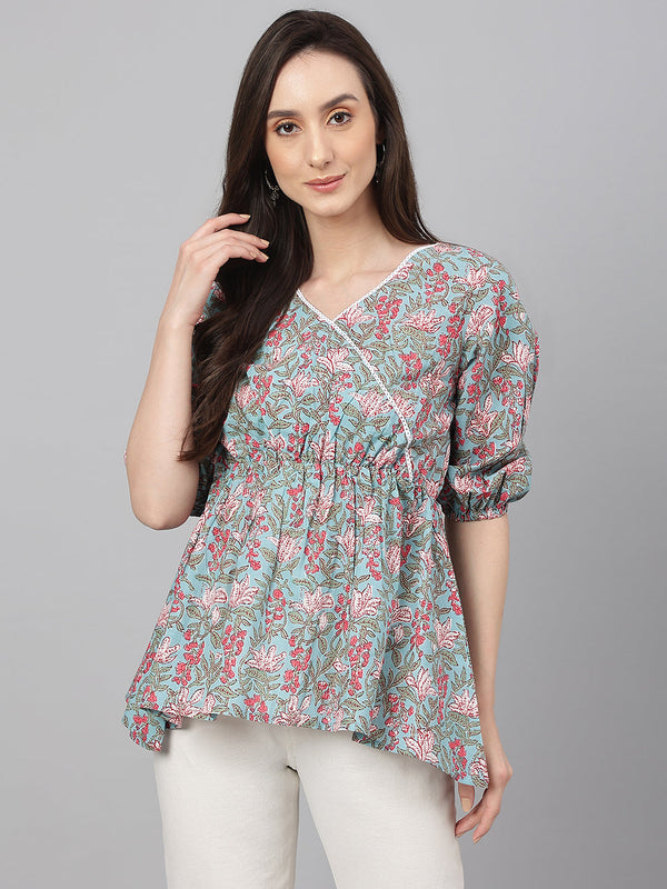 Women's Floral Print Aqua Blue Cotton Tops - Janasya