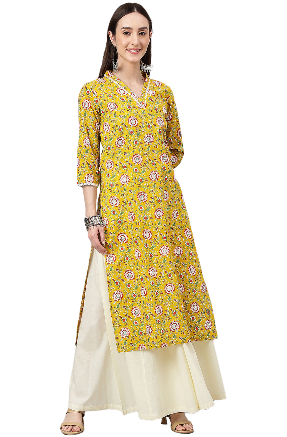 Women's Mustard Cotton Floral Print Straight Kurta - Manohara