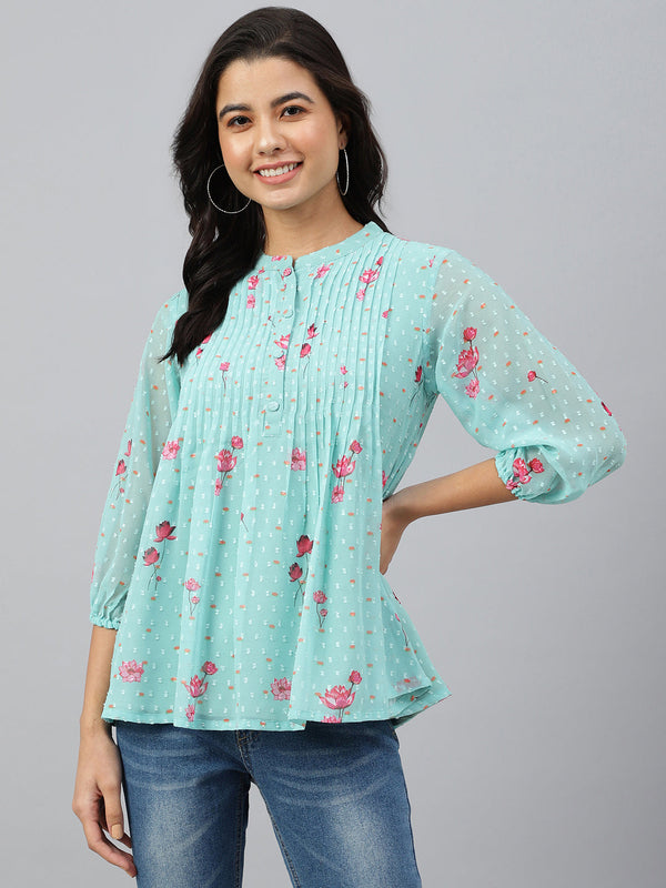 Women's Floral Print Sea Green Dobby Georgette Tops - Janasya