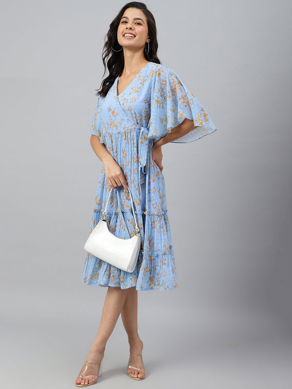 Women's Digital Printed Sky Blue Dobby Georgette Dress - Janasya