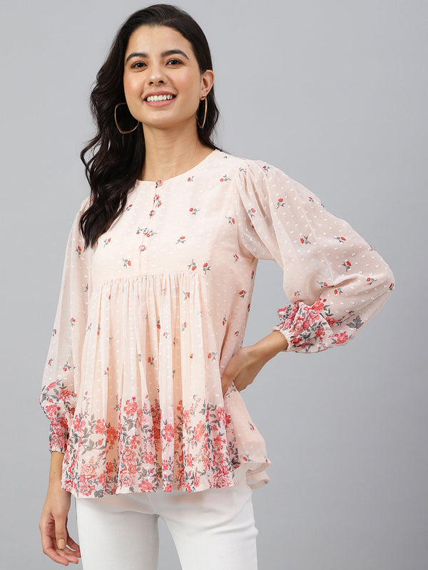 Women's Floral Print Peach Georgette Tops - Janasya