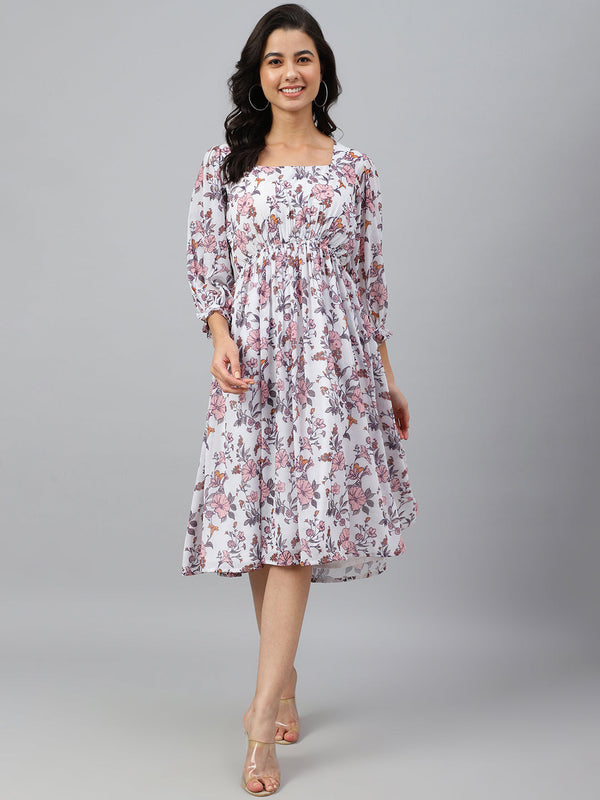 Women's Floral Printed White Georgette Dress - Janasya