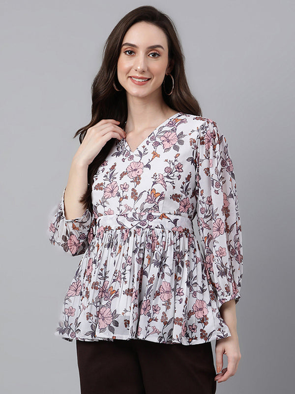 Women's Floral Print White Georgette Tops - Janasya