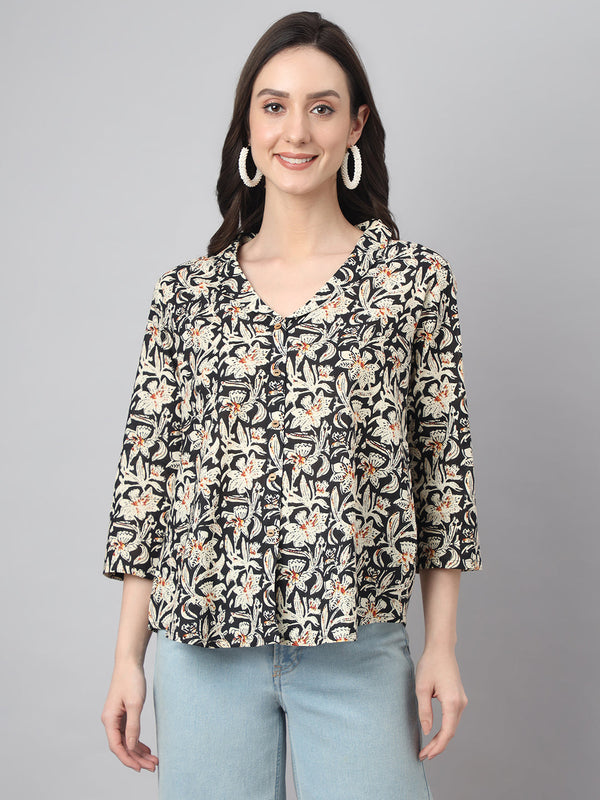 Women's Floral Print Black Cotton Tops - Janasya