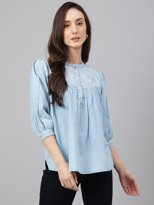 Women's Embroidered Light Blue Denim Tops - Janasya