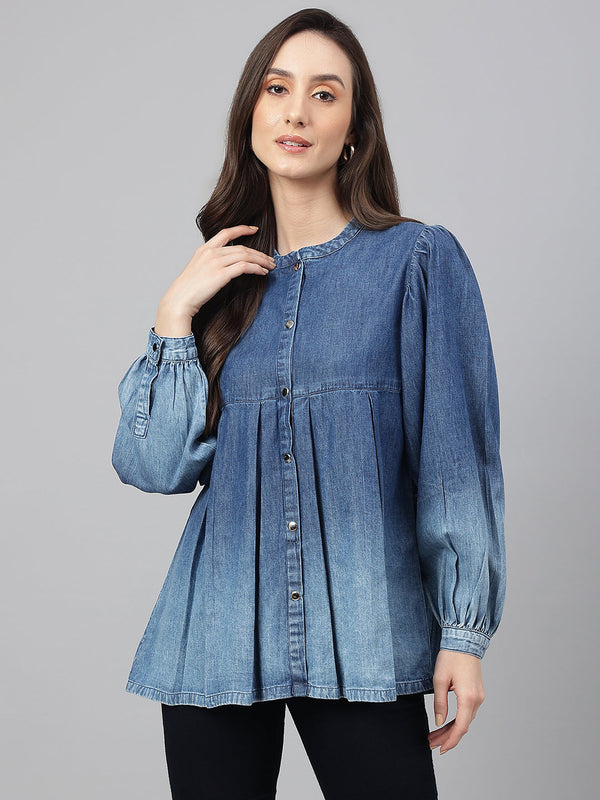 Women's Faded Blue Denim Tops - Janasya