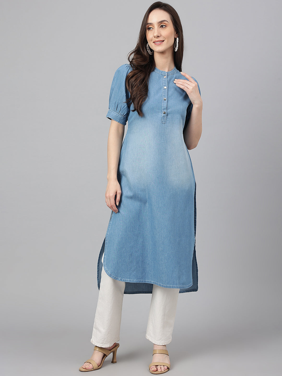 Women's Light Blue Denim Kurta - Janasya