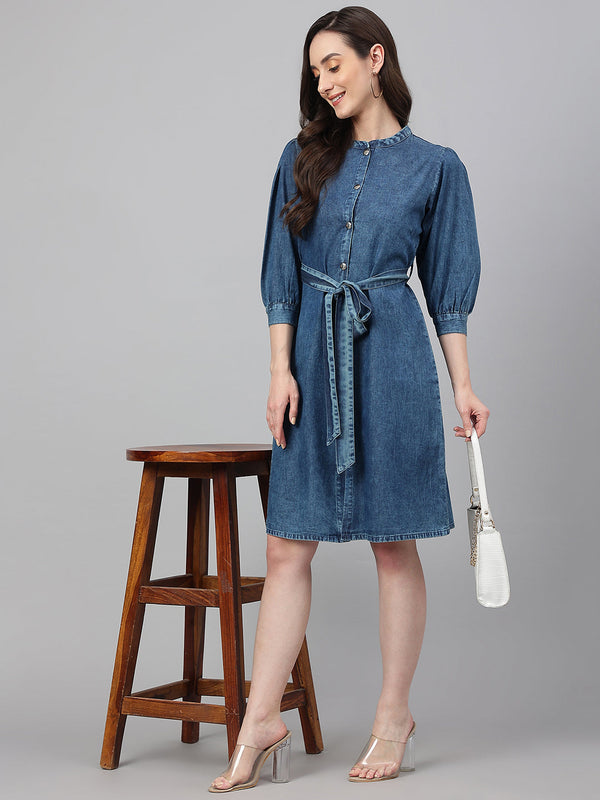 Women's Solid Blue Denim Dress - Janasya