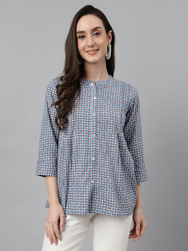 Women's Printed Blue Cotton Tops - Janasya