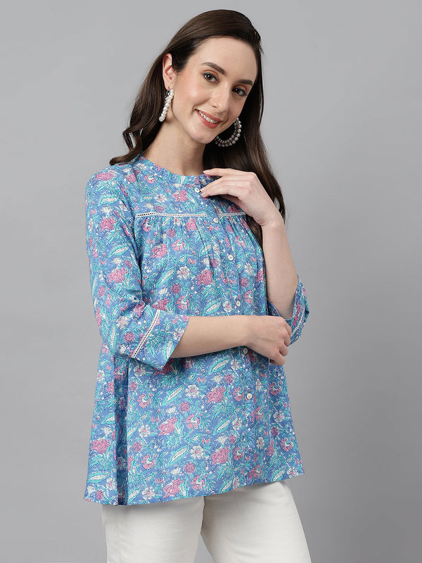 Women's Botanical Print Blue Cotton Tops - Janasya