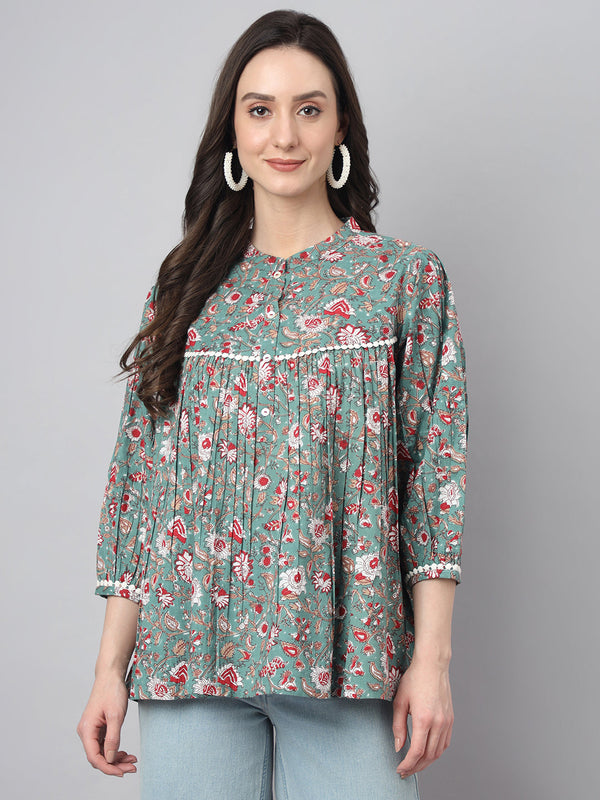 Women's Botanical Print Green Cotton Tops - Janasya