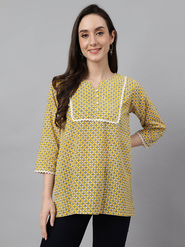 Women's Ethnic Motifs Mustard Cotton Tops - Janasya