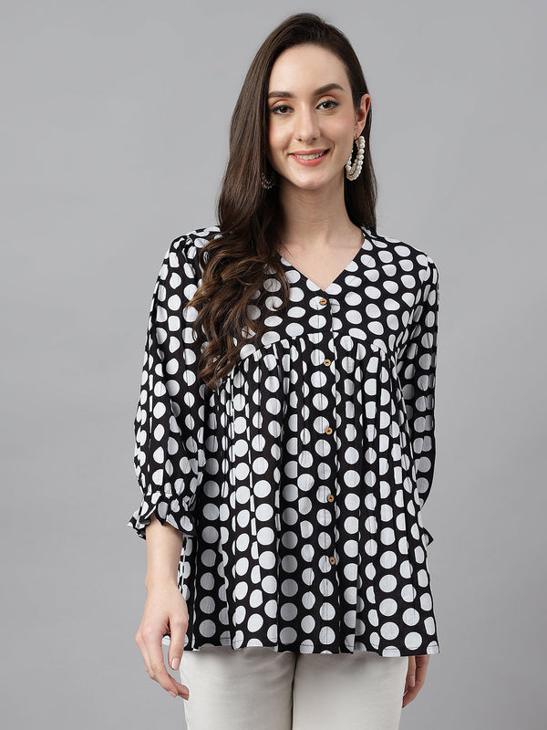 Women's Polka Print Black Cotton Tops - Janasya