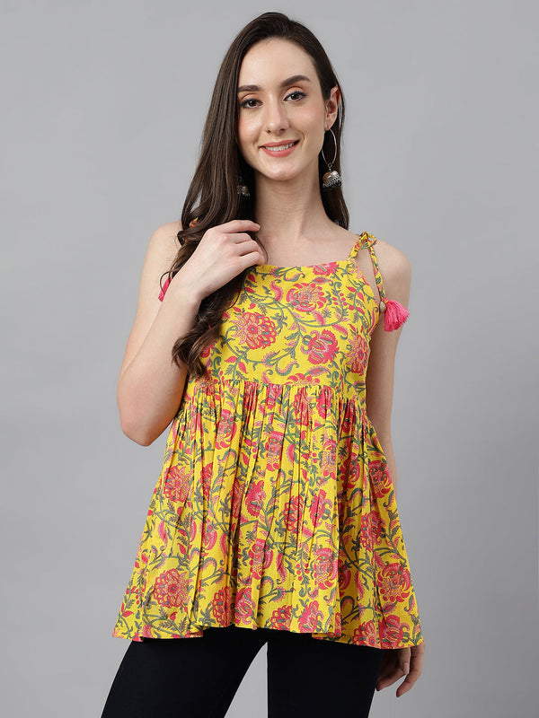 Women's Floral Print Yellow Cotton Tops - Janasya