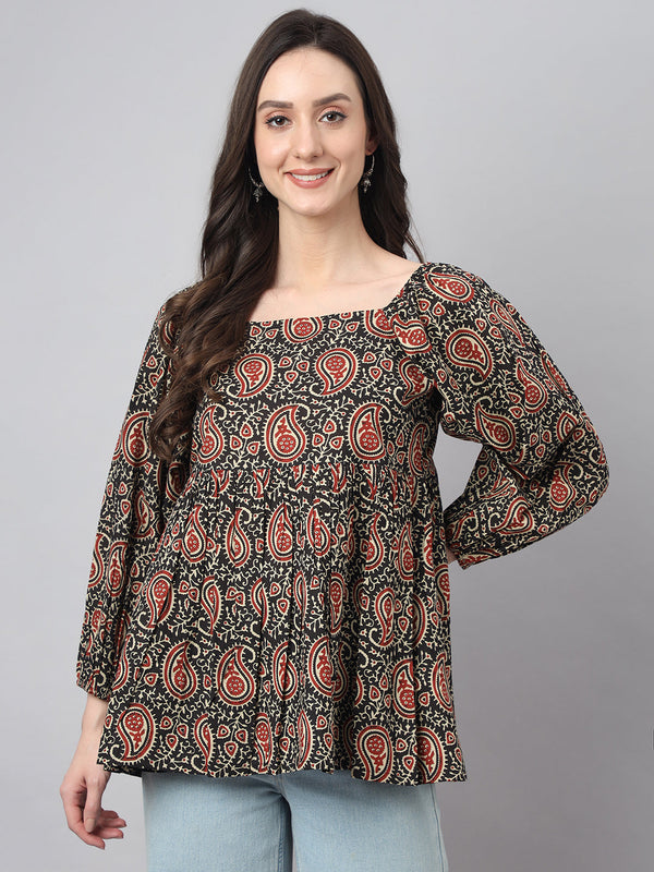 Women's Paisley Print Black Cotton Tops - Janasya