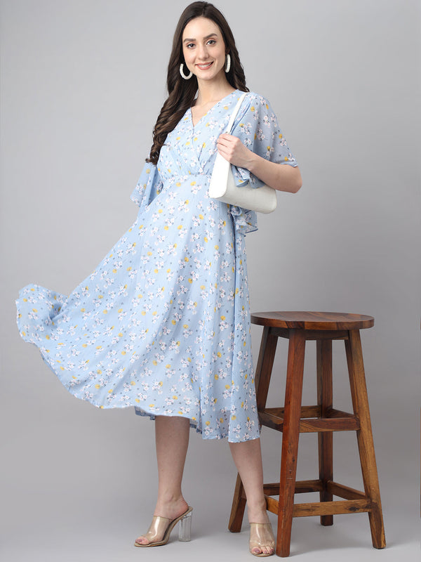 Women's Floral Printed Blue Georgette Dress - Janasya