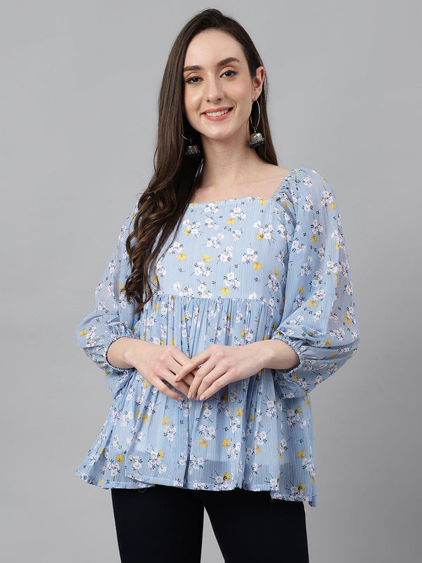 Women's Floral Print  Blue Georgette Tops - Janasya