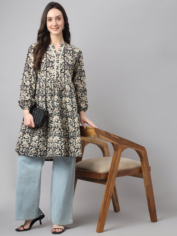 Women's Floral Print Black Cotton Tunics - Janasya