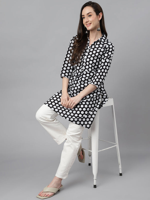 Women's Polka Print Black Cotton Tunics - Janasya