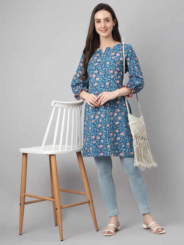 Women's Floral Print Blue Cotton Tunics - Janasya