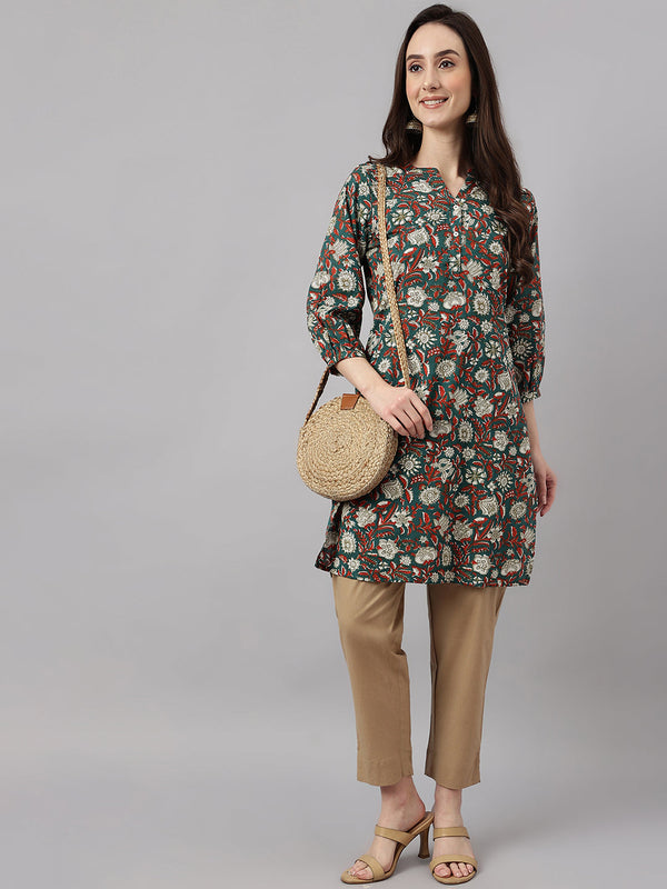 Women's Dark Green Cotton Floral Print Regular Tunic - Manohara