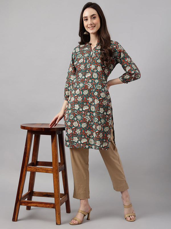 Women's Floral Print Dark Green  Cotton Tunics - Janasya