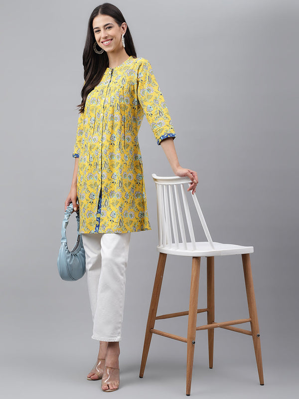 Women's Floral Print Yellow Cotton Tunics - Janasya