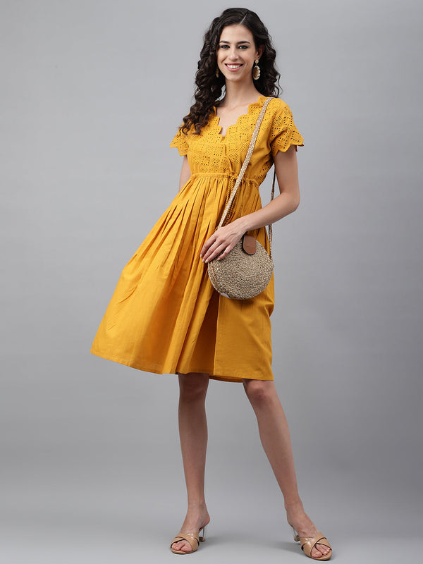 Women's Schiffli Yellow Cotton Dress - Janasya