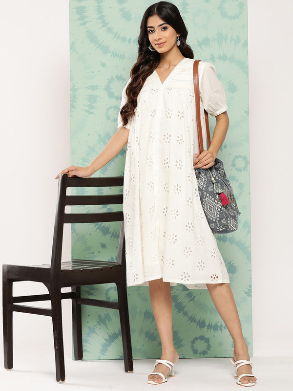 Women's Schiffli White Cotton Dress - Janasya