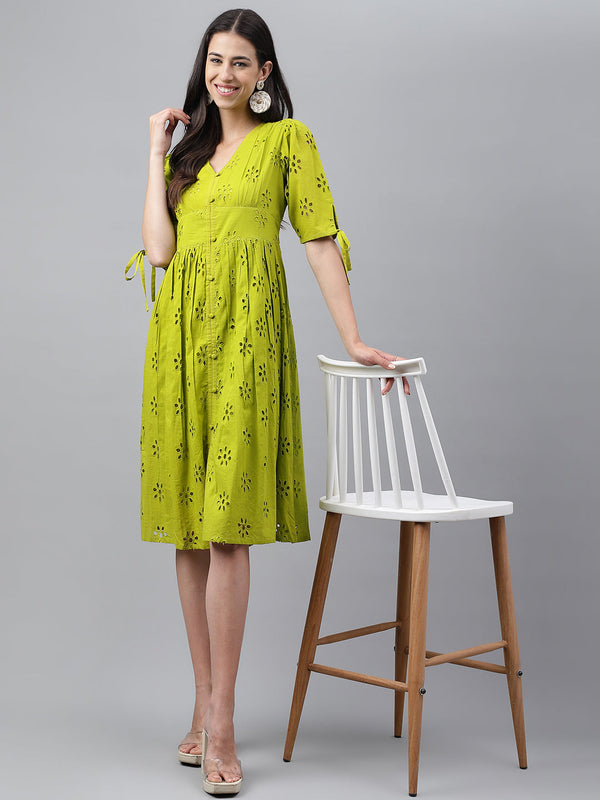 Women's Schiffli Lime Green Cotton Dress - Janasya