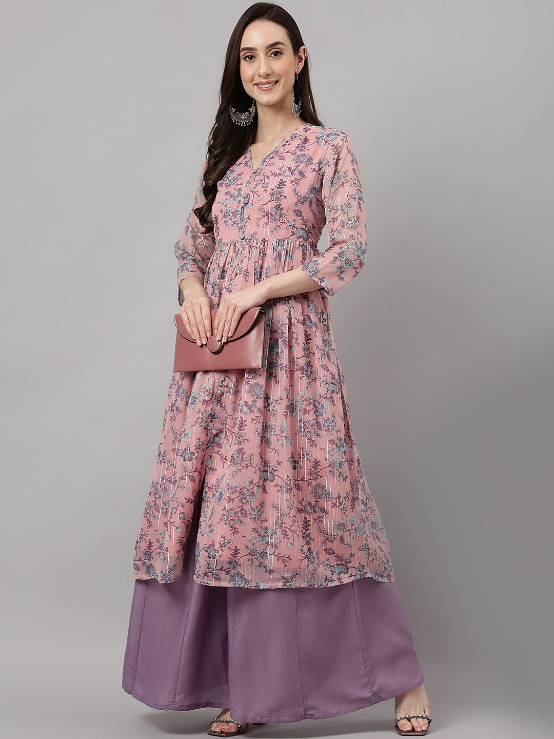 Women's Pink Chiffon Lurex Kurta - Janasya