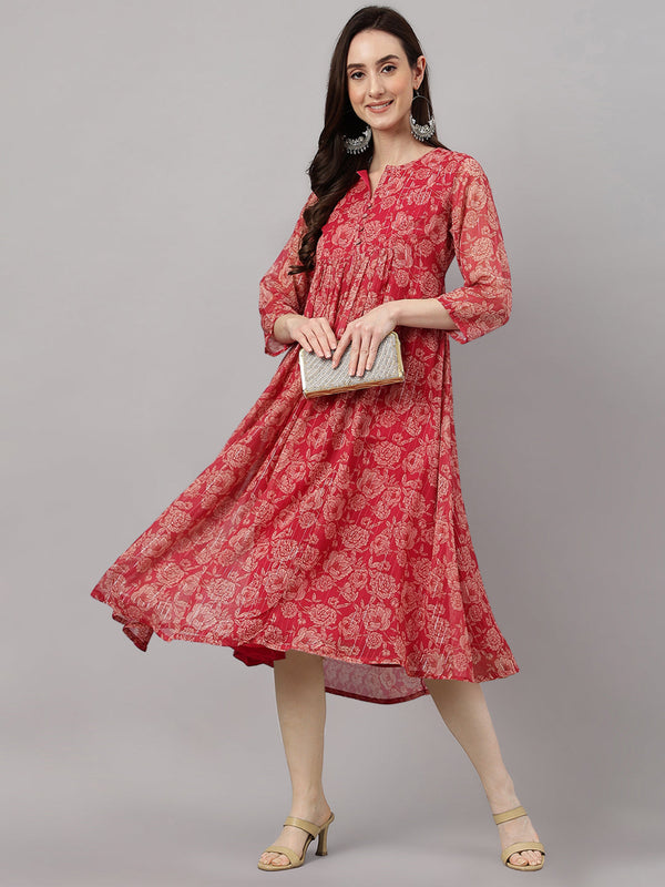 Women's Floral Printed Dark Pink Chiffon Lurex Dress - Janasya