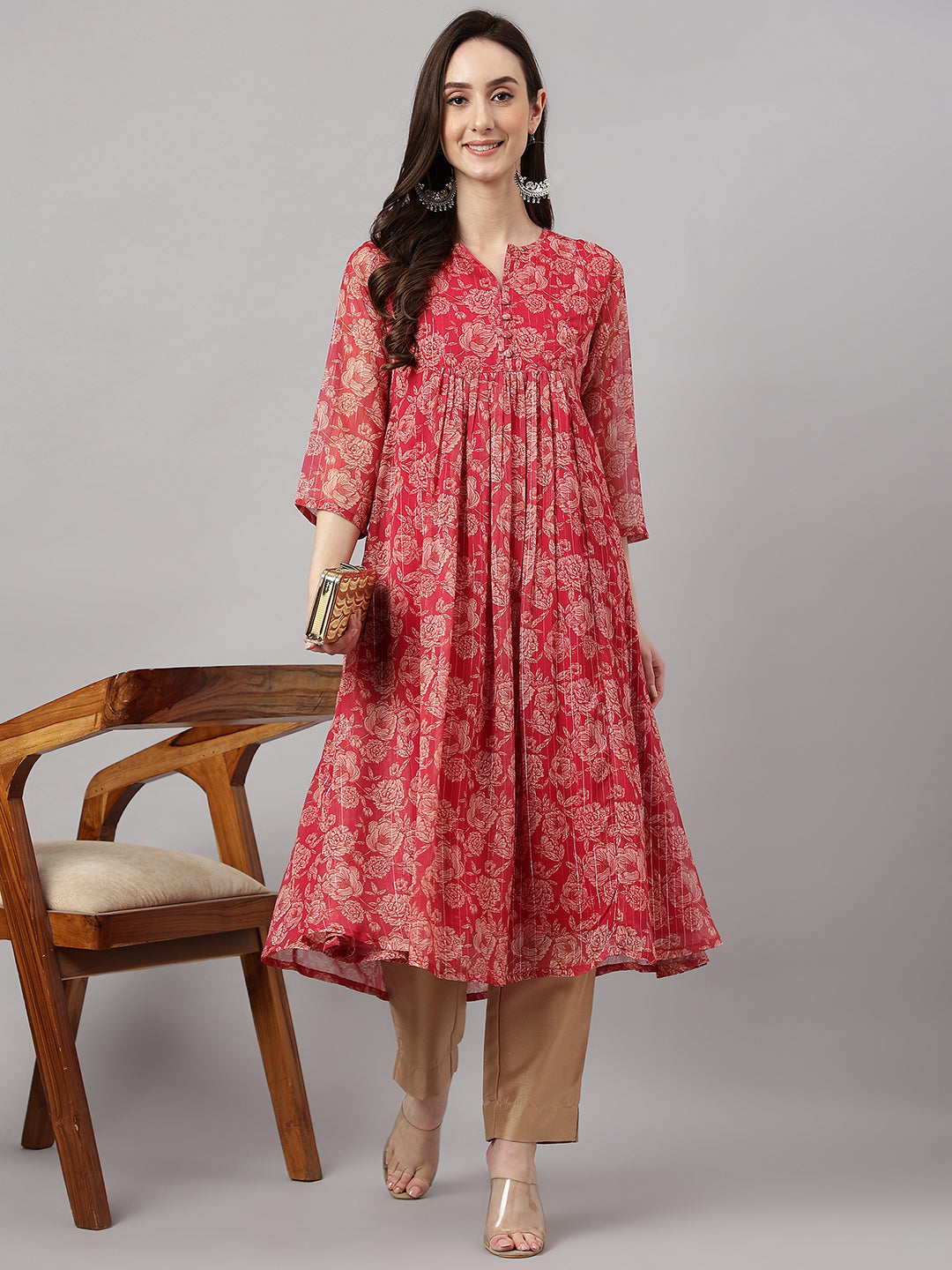 Women's Dark Pink Chiffon Lurex Kurta - Janasya