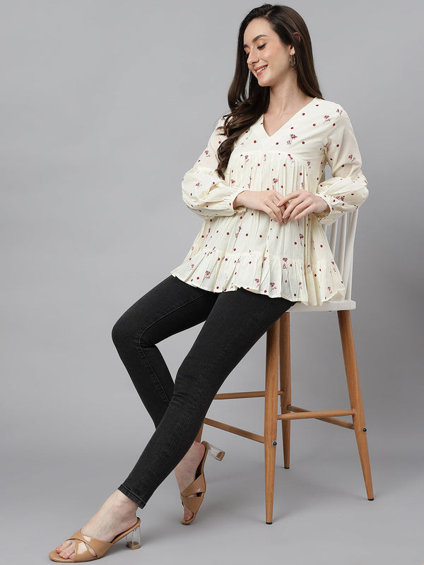 Women's Floral Print Off White Cambric Cotton Tops - Janasya