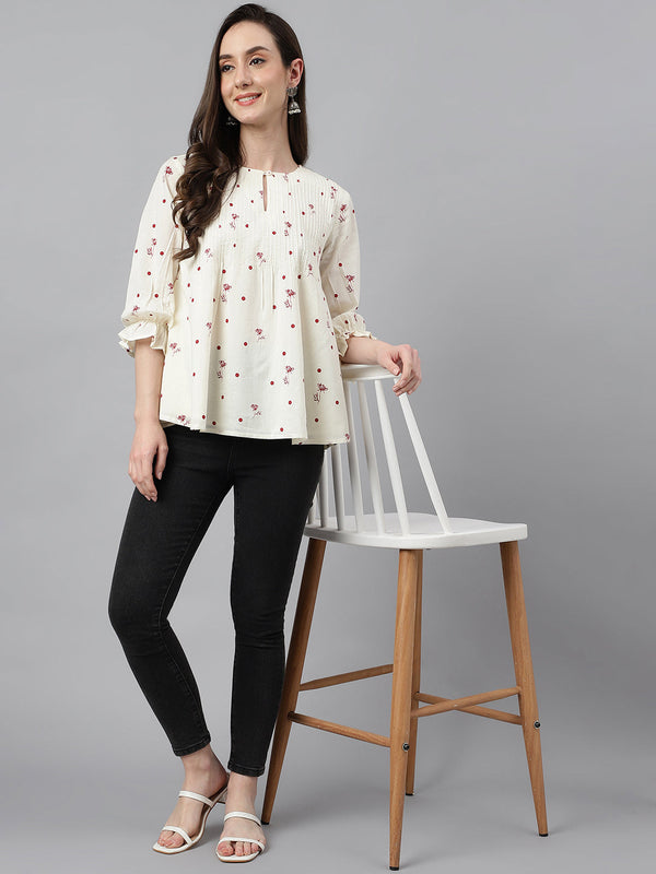 Women's Botanical Print Off White Cambric Cotton Tops - Janasya