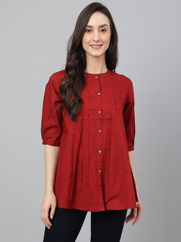 Women's Solid Maroon Cotton Dobby Tops - Janasya