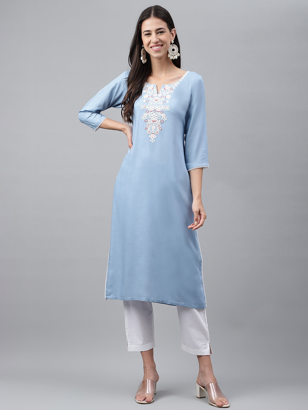 Women's Light Blue Rayon Kurta - Janasya