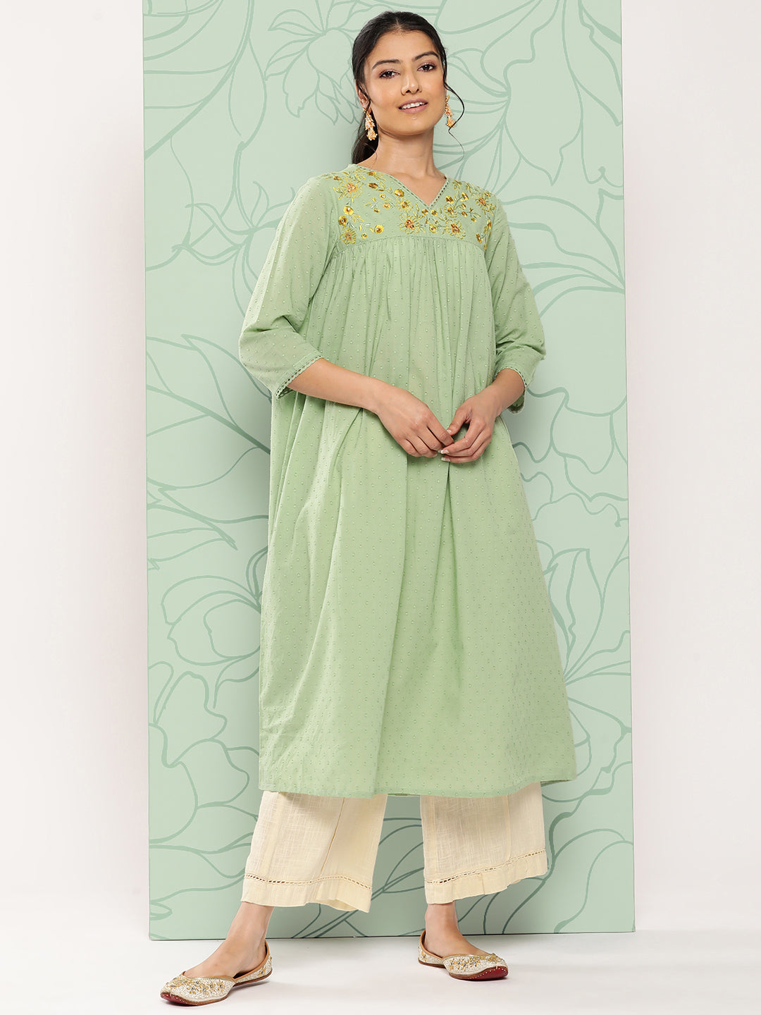 Women's Sage Green Dobby Cotton Kurta - Janasya