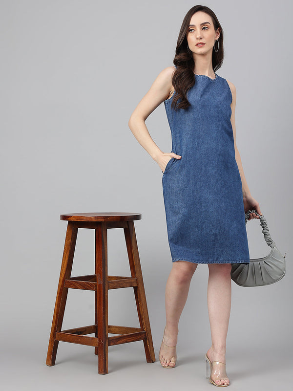 Women's Solid Blue Denim Dress - Janasya