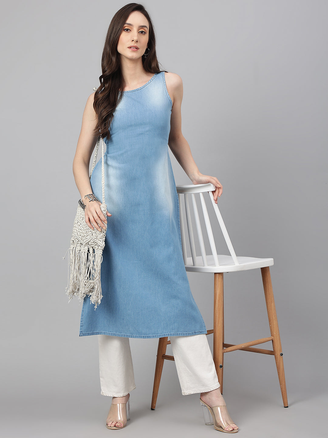 Women's Light Blue Denim Kurta - Janasya