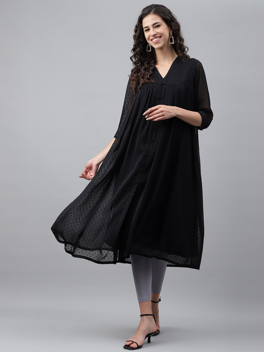 Women's Black Dobby Chiffon Kurta - Janasya