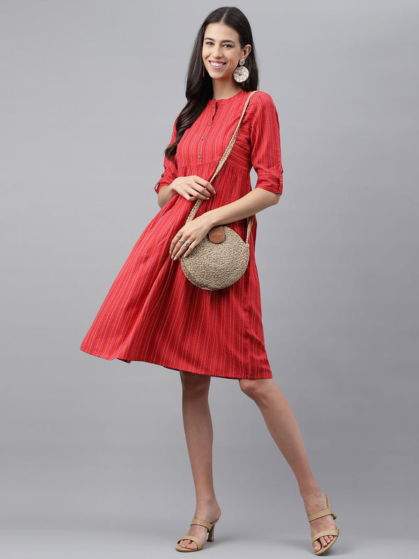 Women's Woven Design Red Cotton Dress - Janasya