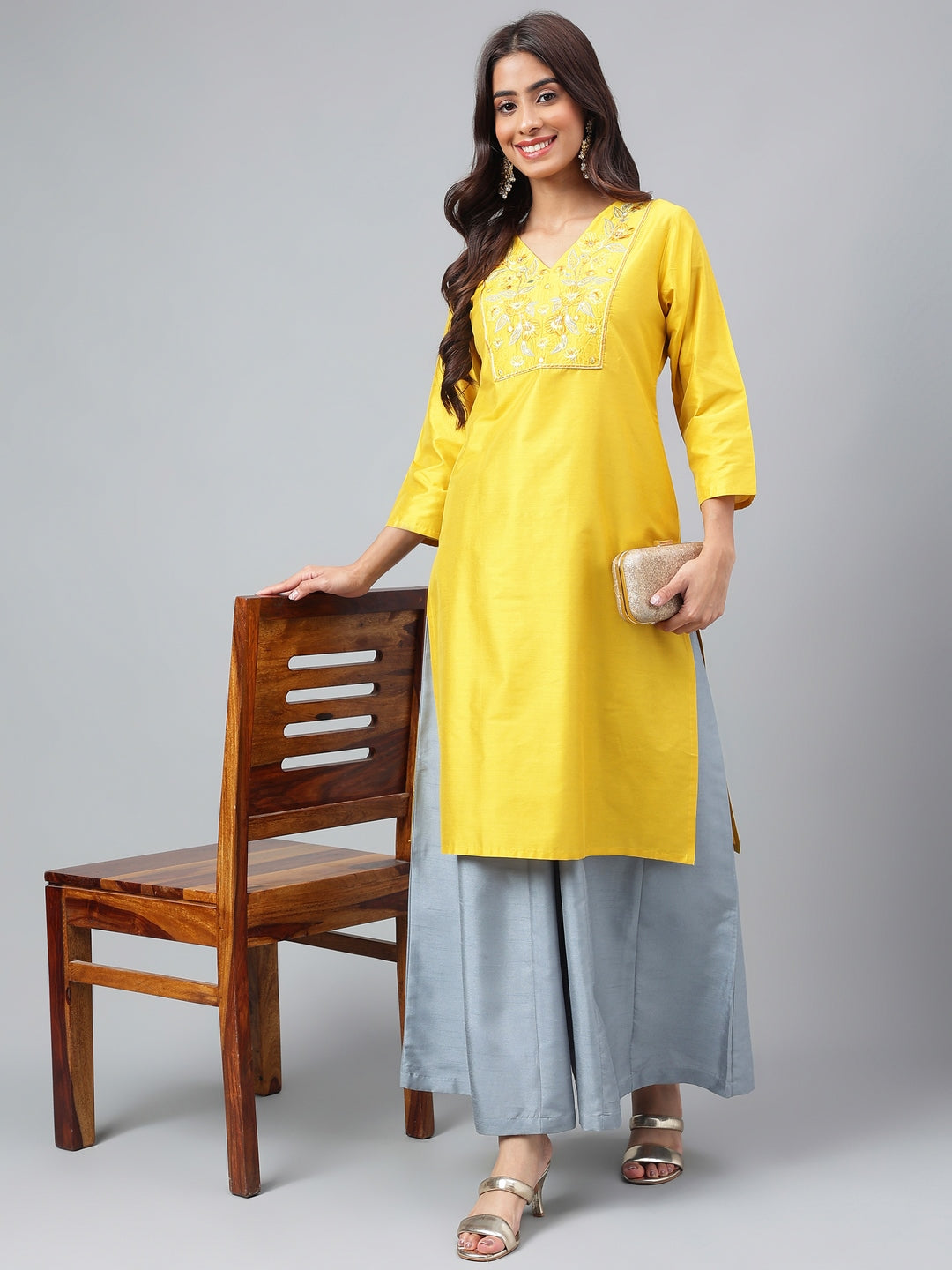 Women's Yellow Poly Silk Kurta - Janasya