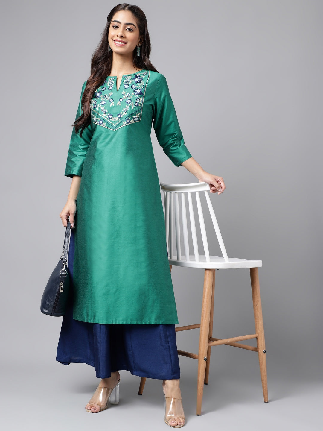 Women's Peacock Green Poly Silk Kurta - Janasya