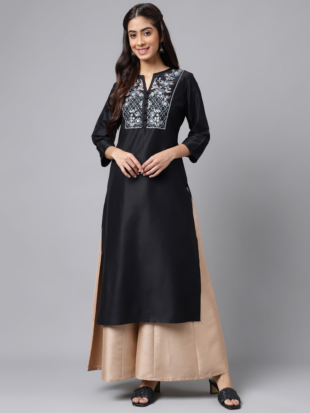 Women's Black Poly Silk Kurta - Janasya