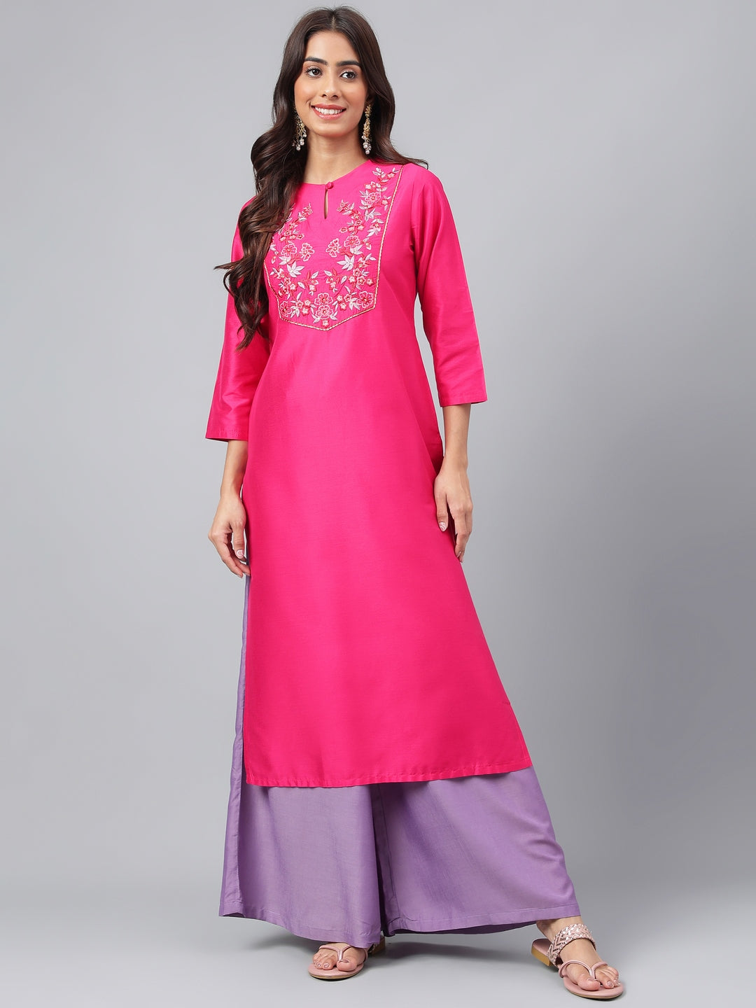 Women's Pink Poly Silk Kurta - Janasya