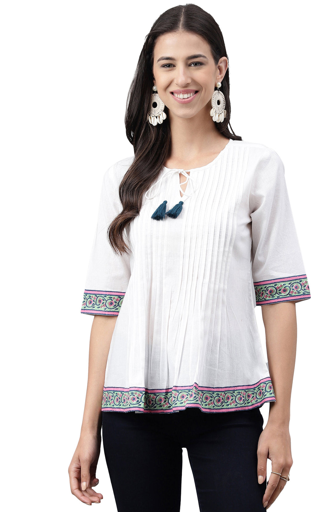 Women's White Cambric Cotton Solid A-Line Top - Manohara