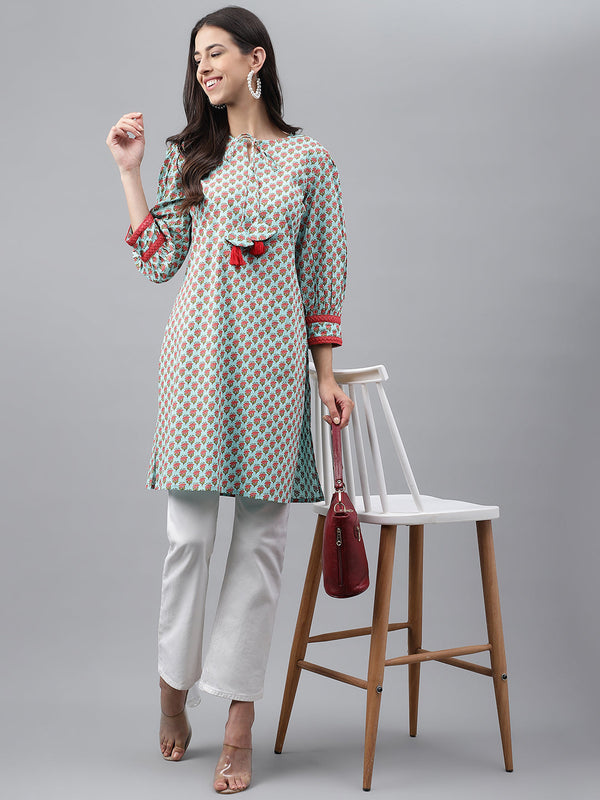 Women's Floral Printed Light Green Cotton Tunics - Janasya