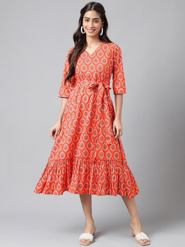 Women's Ethnic Motifs Printed Orange Cotton Dress - Janasya